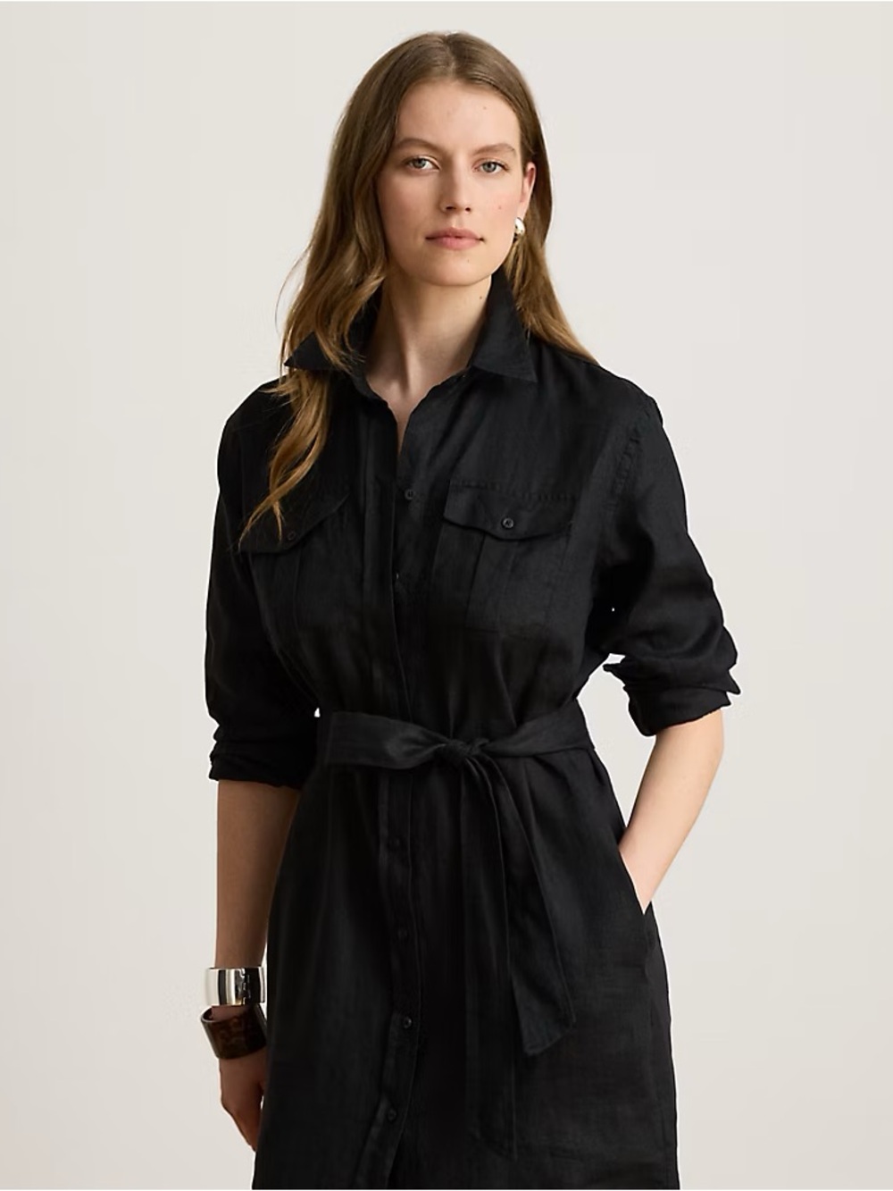 Ralph Lauren LRL Belted Patch-Pocket Midi Shirtdress Dress Linen Black 20W NEW